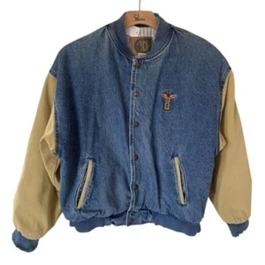 Americas Choice Mens M Jacket Blue Tan Denim Totem Pole VTG 90s READ Flaws - Picture 1 of 21