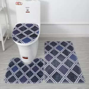 3Pcs Printed Bath Mat Set Non-Slip Pedestal Mat Toilet Bathroom Rug New - Picture 1 of 23
