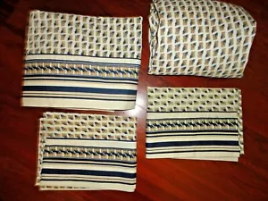 VINTAGE SPRINGMAID MID MOD CENTURY FOULARD BLUE TAN STRIPE (4P) TWIN SHEET SET - Picture 1 of 8
