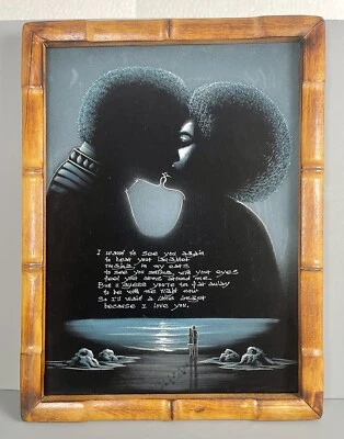 Pintura Terciopelo Negro Amor Afroamericano Años 70 Arte Original 20"x15” Marco de Madera Foto 1 de 4