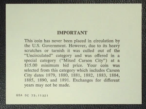 Carson City GSA Morgan Dollar COA Only, Important-Mixed Carson City, No Coin - Picture 1 of 1