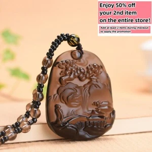 Natural Ice Obsidian Jade Pendant W/ Beads Cord Necklace Mountain Charm Gemstone - Picture 1 of 7
