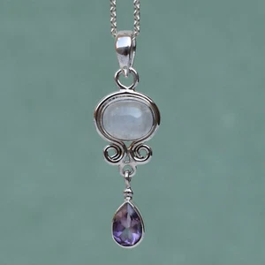 Moonstone, Amethyst Gemstone 925 Sterling Silver Handmade Pendant D-318 - Picture 1 of 5