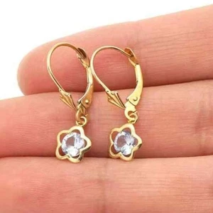 14k Yellow Gold Round Birthstone Flower Drop Leverback Earrings - Picture 1 of 80