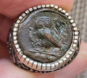 Owl of Goddess Athena Authentic Ancient Greek Coin 925 Sterling Silver Ring - Picture 1 of 10