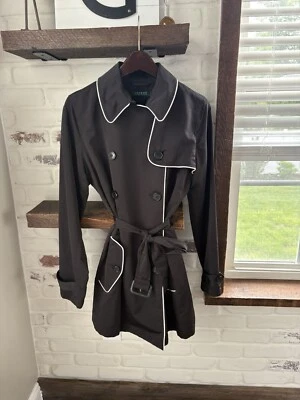Lauren Ralph Lauren NWT Mid Trench Coat Black/Pearl Trim Belt Tie Button Jacket - Image 1 of 4