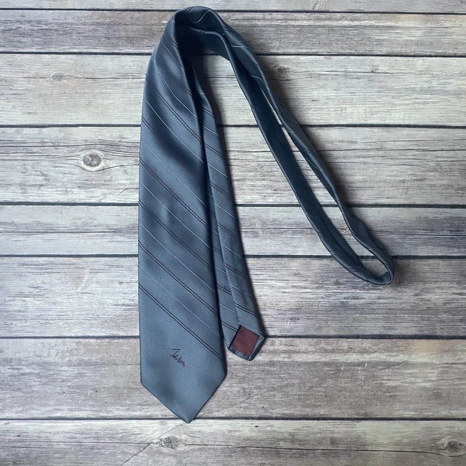 John Weitz Neck Tie Men Gray Striped Polyester Silk Embroidered - Image 1 of 4