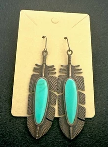 Pendientes colgantes estilo suroeste tono cobre imitación turquesa pluma 3" - Imagen 1 de 3
