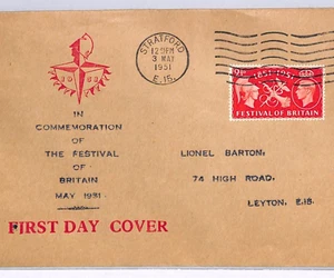 GB FESTIVAL OF BRITAIN 1951 FDC Stratford Leyton{samwells-covers}XG75 - Bild 1 von 8