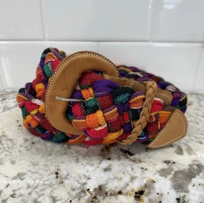 Colorful Cloth Braided Wide 2" Belt Leather Ends Size Large - Image 1 of 4