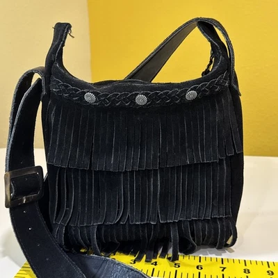Cartera Bandolera Minnetonka Negra con Flecos Cuero Genuino Foto 1 de 4