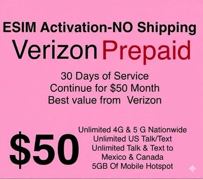 VERIZON  ESIM  ACTIVATION ✅ $50 UNLIMITED MONTH INCLUDED NO SHIPPING preloaded - Image 1 of 2