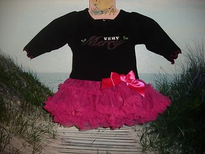 Bebé Glam Niñas 3M Negro y Rosa Caliente Volantes Falda Una Pieza "Muy Feliz" Foto 1 de 3