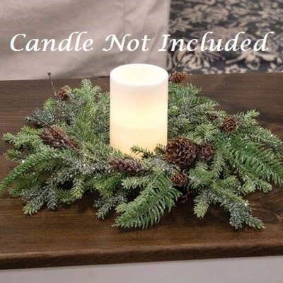 NEW PRIMITIVE CANDLE RING GLITTERING PINE CHRISTMAS FARMHOUSE 5.5" x 15-16"W - Image 1 of 2