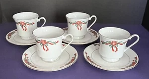 (4) Tienshan Fairfield Poinsettia & Ribbons Cup & Saucer Sets Christmas Holiday - Picture 1 of 12