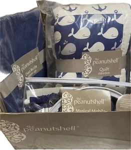New The Peanutshell 3 Pc. Crib Set Musical Mobile, Quilt, Dust Ruffle,Navy,Whale - Picture 1 of 12