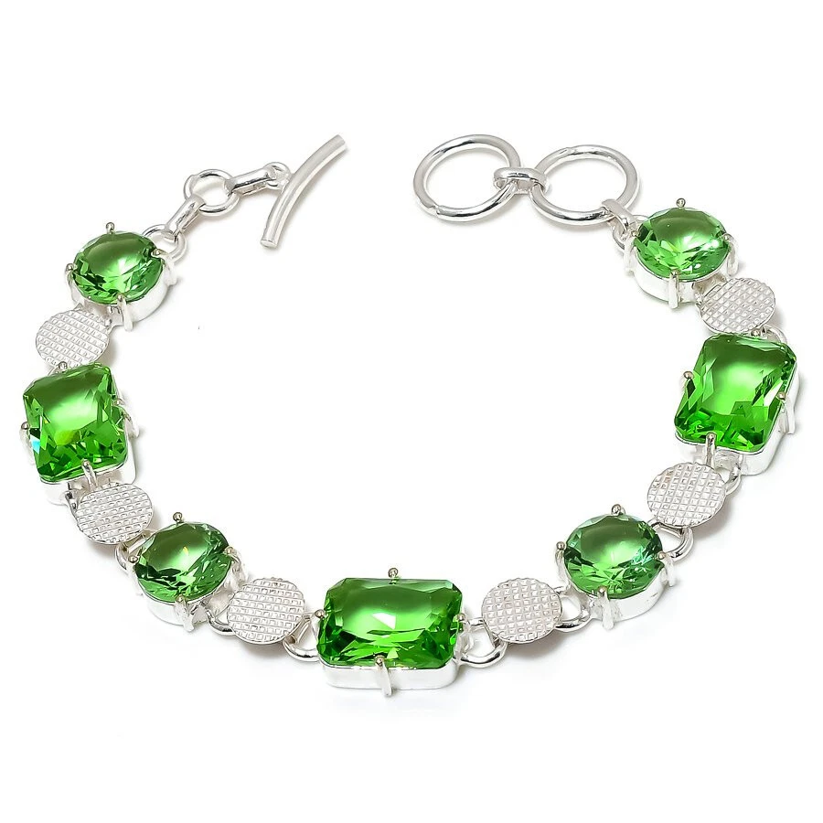 Peridot Quartz Gemstone Silver Plated Bracelet Dainty Jewelry 7-9" - Image 1 of 1