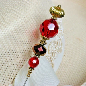 RED CRYSTALS HATPIN on Gold Finish Setting - 8 inch long - Picture 1 of 5