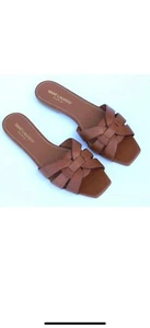 Saint Laurent YSL Tribute Womens Slides Size 37.5-US 7.5 in Amber Brown Leather - Picture 1 of 7