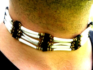 Choker necklace genuine good luck dentalium shells bones Bison leather costume - Picture 1 of 9