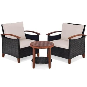 Costway Outdoor Bistro Set Round Wicker Weather Resistant w/ Beige Cushions 3 PC - Picture 1 of 10