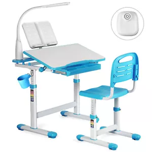Kinderschreibtisch Schülerschreibtisch Verstellbar Neigbar mit Stuhl&Lampe Blau - Bild 1 von 11