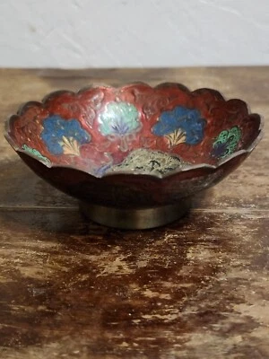 Vintage Small Pedestal Brass Enamel Bowl Cloisonne Style Floral Peacock  - Image 1 of 4