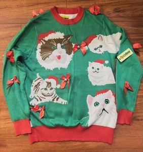 Neu mit Etikett Tipsy Elves hässlicher Weihnachtspullover Gr. X L Katzen Kätzchen Glocken Kätzchen rot grün - Bild 1 von 7