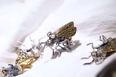 Oddities Steampunk Fly Bee Pendant S925 Silver & Brass Gothic Insect Amulet - Image 1 of 4