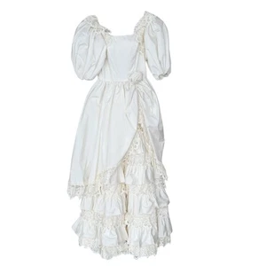 Vintage Victorian Puff Sleeve Tiered Lace Wedding Dress Sz XS - Picture 1 of 9