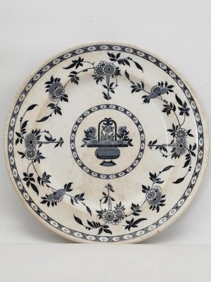 Ancienne assiette Minton Delft XIXe décor floral bleu faïence 26cm - Photo 1/4