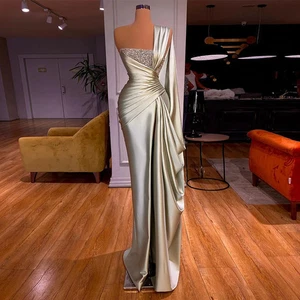 Mermaid Evening Dresses One Shoulder Pleat Beads Prom Dress Floor Length Long - Picture 1 of 9