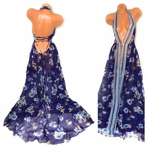 Victoria’s Secret Neckholder zum Binden blau gold Blumen tief ausgeschnitten Größe M - Bild 1 von 5