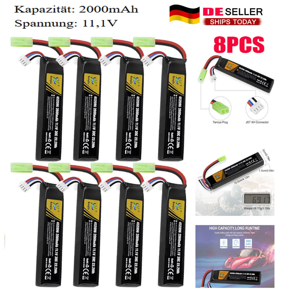 8pcs 2000mAh 11,1V Airsoft Batterie 30C Hobby LiPo Akku mit Mini Tamiya Stecker - Bild 1 von 4