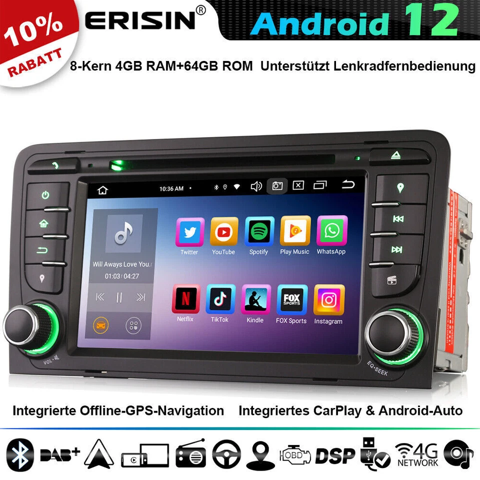 8-Kern Android 13 Autoradio GPS Navi Für AUDI A3 S3 RS3 RNSE-PU CarPlay DAB+64GB - Bild 1 von 4