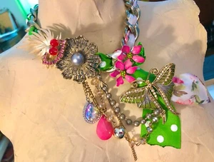 OOAK Asymmetrical Artisan Statement Necklace*Butterfly*Flowers*Upcycled Jewelry - Picture 1 of 13