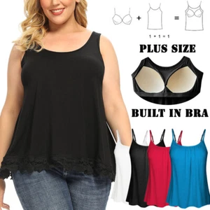 Women Summer Built in Bra Casual Flowy Swing Pleated Plus Size Lace Tank Top - Picture 1 of 46