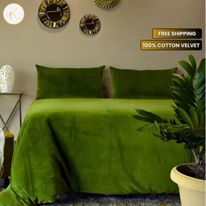 Washed Green Velvet Duvet Cover Set with Matching Pillow Covers – Luxury Bedding - Picture 1 of 8