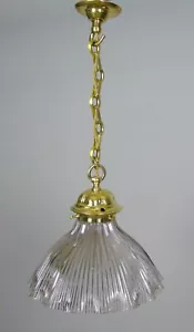 Victorian Brass Hanging Light With Holophane Style Crimped Glass Shade No 8 - Picture 1 of 4