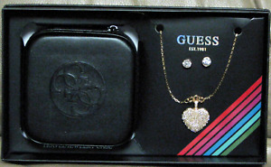 GUESS GOLDTONE HEART PENDANT  NECKLACE & CRYSTAL EARRINGS W/SMALL JEWELRY CASE