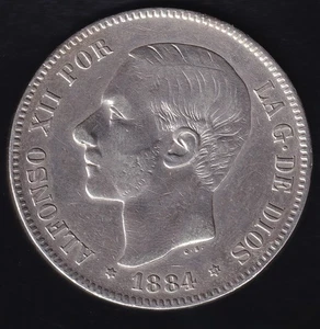 Spain Coin Alfonso XII 5 Pesetas 1884 * 18 * 84 MSM - Picture 1 of 2