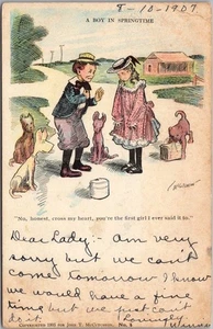 Artist-Signed JOHN T. McCUTCHEON Postcard "BOY IN SPRINGTIME No. 4" 1907 Cancel - Picture 1 of 2