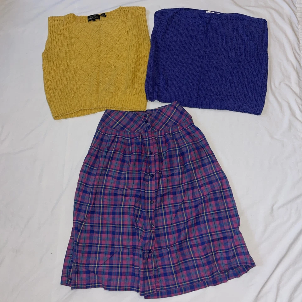 Falda Vintage Años 80 Santa Cruz 9 Cintura Madrás Cuadros Línea A Algodón con 2 Camisas Tejidas Foto 1 de 4