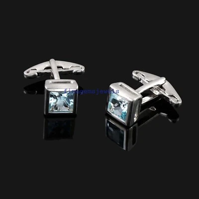 Натуральный драгоценный камень голубой топаз с запонками из стерлингового серебра 925 пробы для мужчин #4559 - Изображение 1 из 4