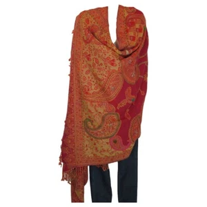 Yak/Sheep Wool Blend| Stitched Embroidery| Shawl| Oversize| Nepal| Red & Amber - Picture 1 of 6