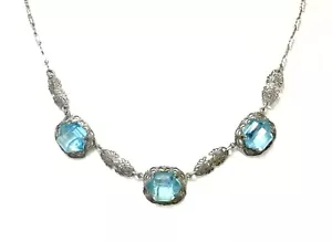 ART DECO AQUA CZECH GLASS STERLING SILVER FILIGREE NECKLACE - Picture 1 of 12