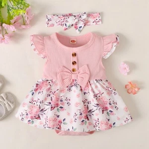 Newborn Baby Girl Floral Ruffle Romper Dress Headband Party Outfits Clothes Set - Picture 1 of 7