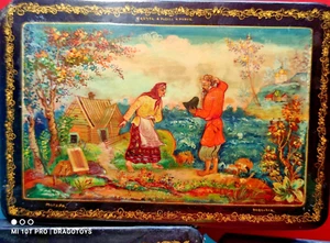 OLD BOX LACQUERED HAND PAINTED 'FISHERMAN AND FISH' FAIRY TALE 1919-1968 BALAKIN - Picture 1 of 24