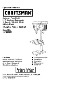 Craftsman 15 " DRILL PRESS Manual Model 137.229200 - Picture 1 of 1