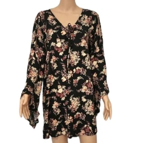 Chelsea & Violet Casual Shift Black Floral Bell Sleeve Rayon Dress Size L Large - Picture 1 of 11